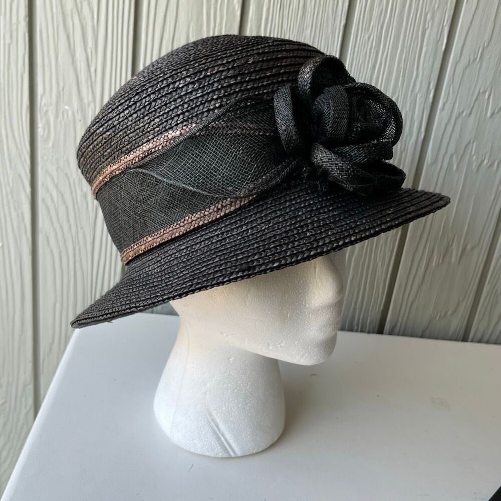 Betmar Derby Hat Black Straw Wide Brim Rose Church Wedding Tea